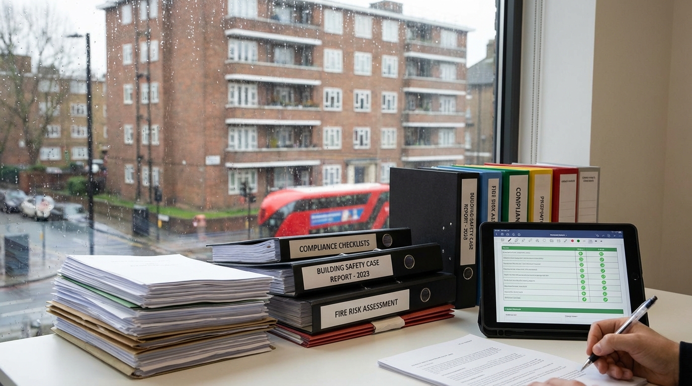 Property manager reviewing building safety compliance documents in a residential block