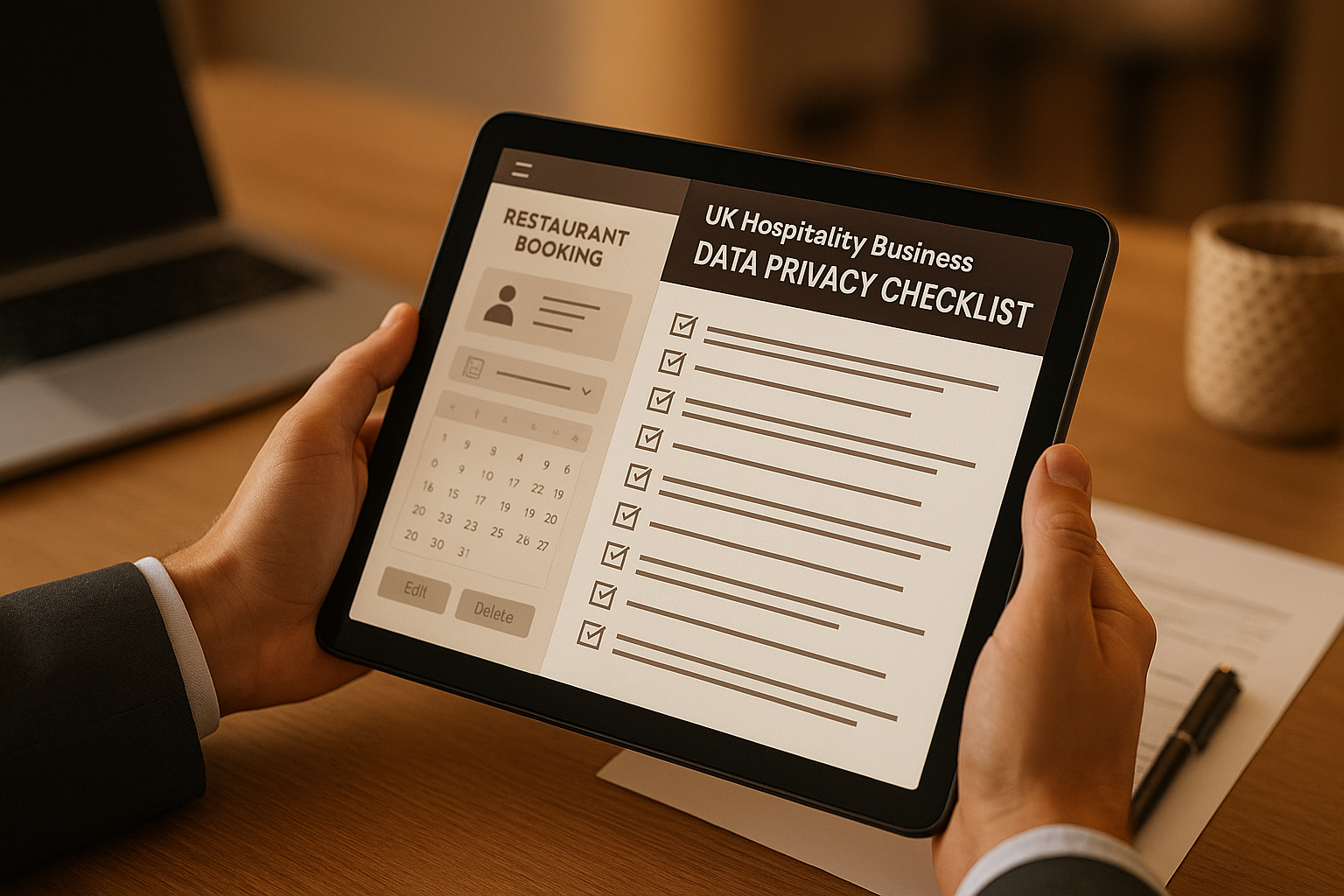 Restaurant manager reviewing GDPR data complaints procedure on laptop, UK hospitality DUAA compliance June 2026