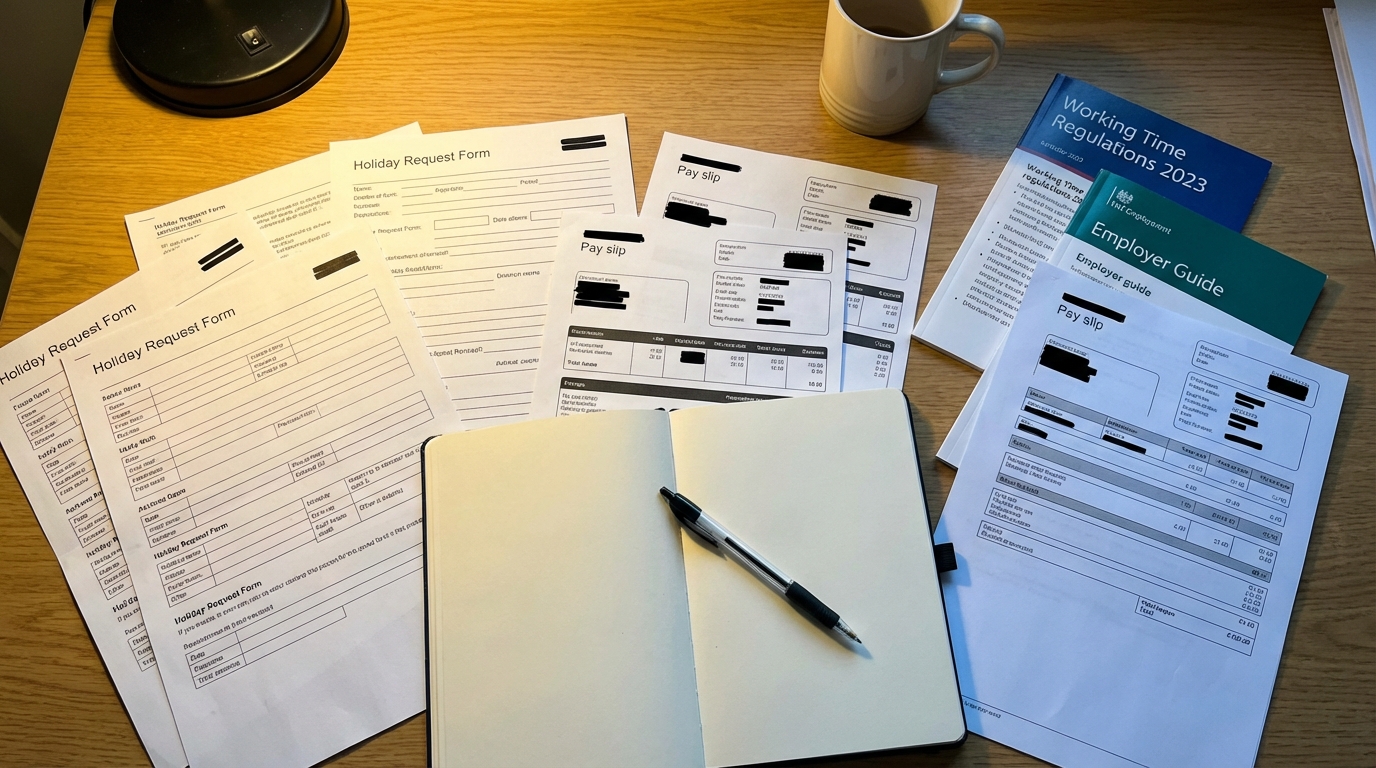 Employment compliance documents including pay records and holiday entitlement forms spread on a desk