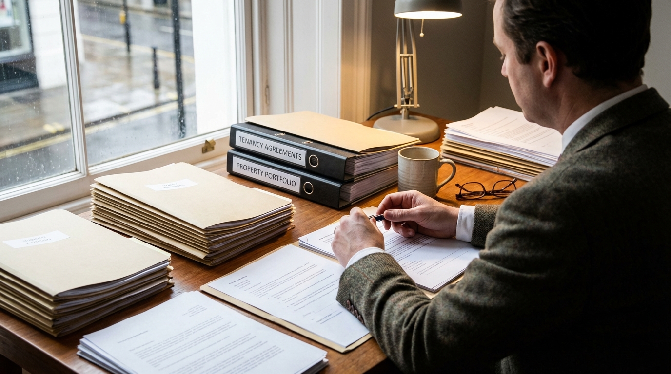 UK landlord reviewing tenancy documents and rental agreement paperwork