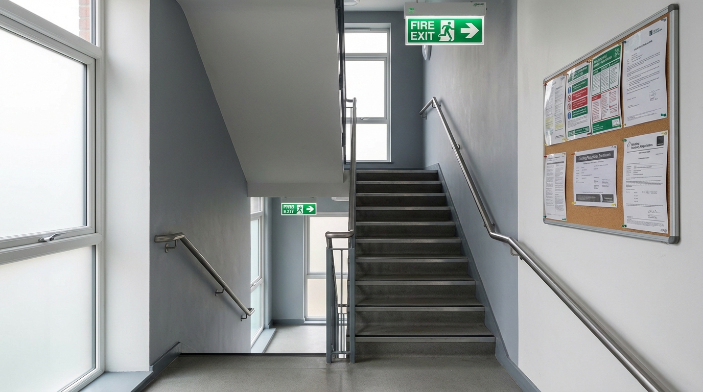Block of residential flats with fire escape routes and safety signage visible