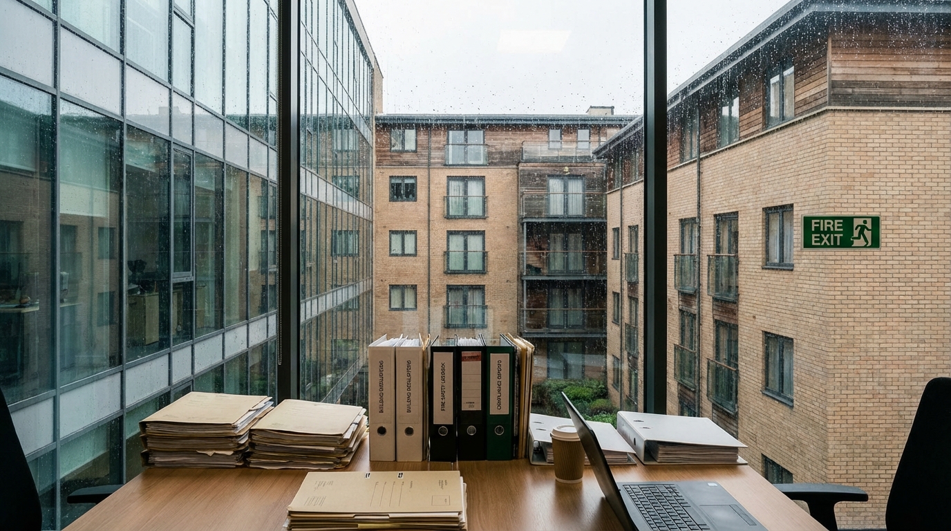 UK property manager reviewing compliance documents at a residential block