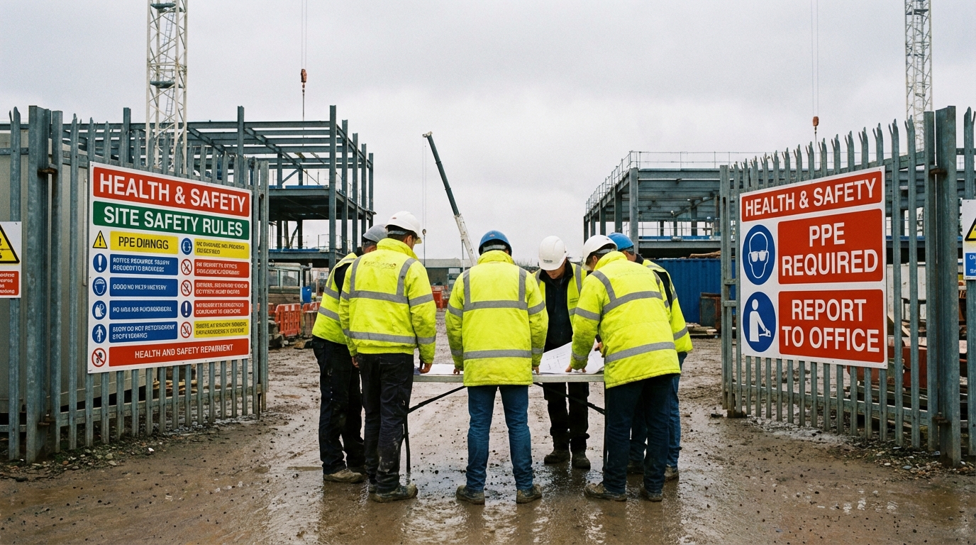 Hi-vis workers reviewing safety documentation at industrial site — contractor health and safety obligations UK employer