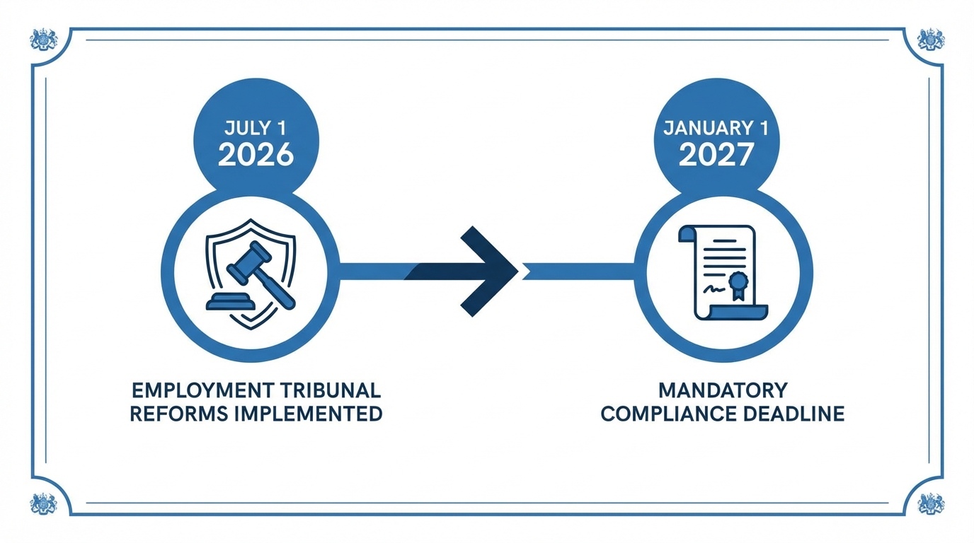 Timeline showing July 1 2026 trigger date and January 2027 when unfair dismissal rights activate for new hires